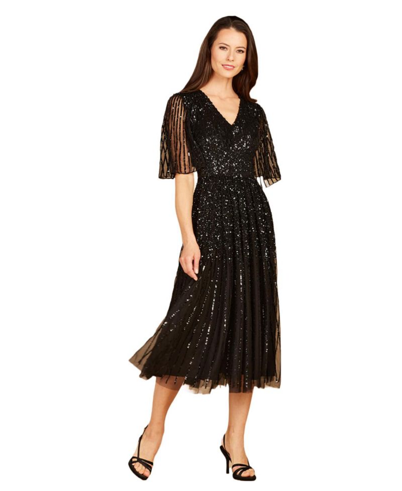 Women's Flowing, Sequin Midi Dress with Short Sleeves