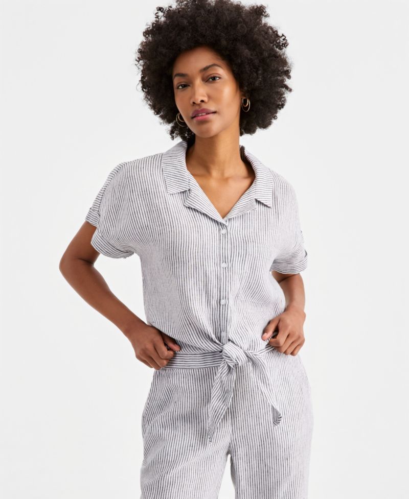 Petite Linen Tie-Front Top