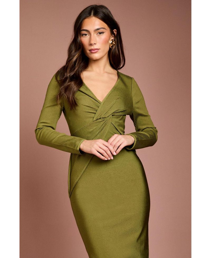 Women's Bandage Twist Front V-Neck Midi Dress