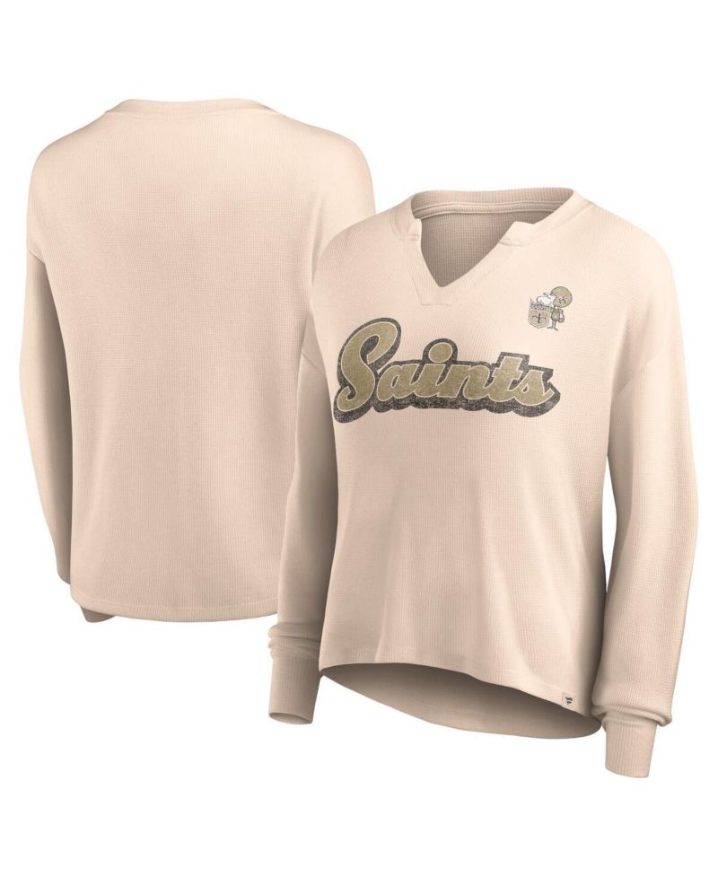 Women's Tan Distressed New Orleans Saints Go For It Notch Neck Waffle Knit Long Sleeve T-shirt