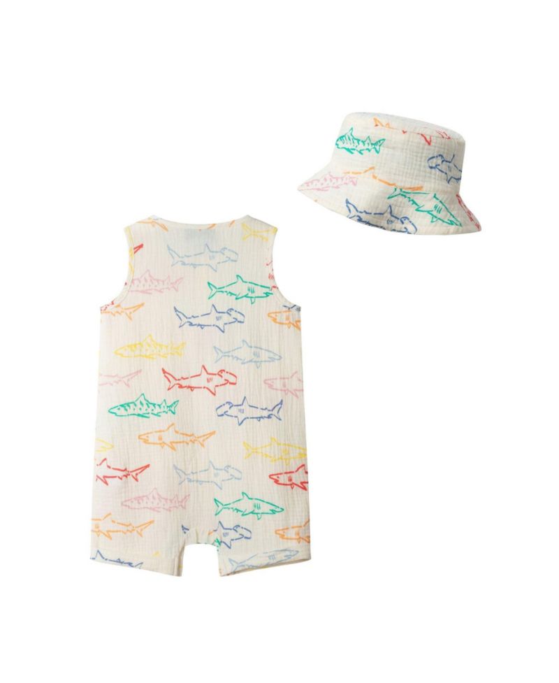 Baby Boys Sleeveless Henley Romper and Hat Set
