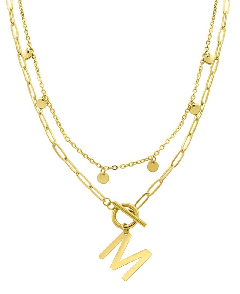 Tarnish Resistant 14K Gold-Plated Confetti and Paperclip Layered Initial Toggle Necklace