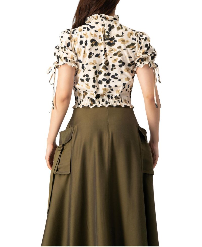 Women's Abstract Animal Print Crop Blouse, Puff Sleeve Ruffle Neck Top