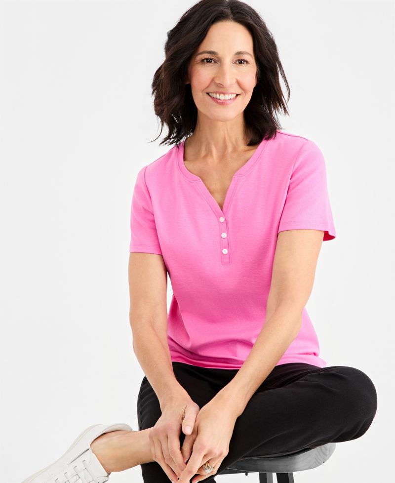 Women's Short-Sleeve Cotton Henley Top