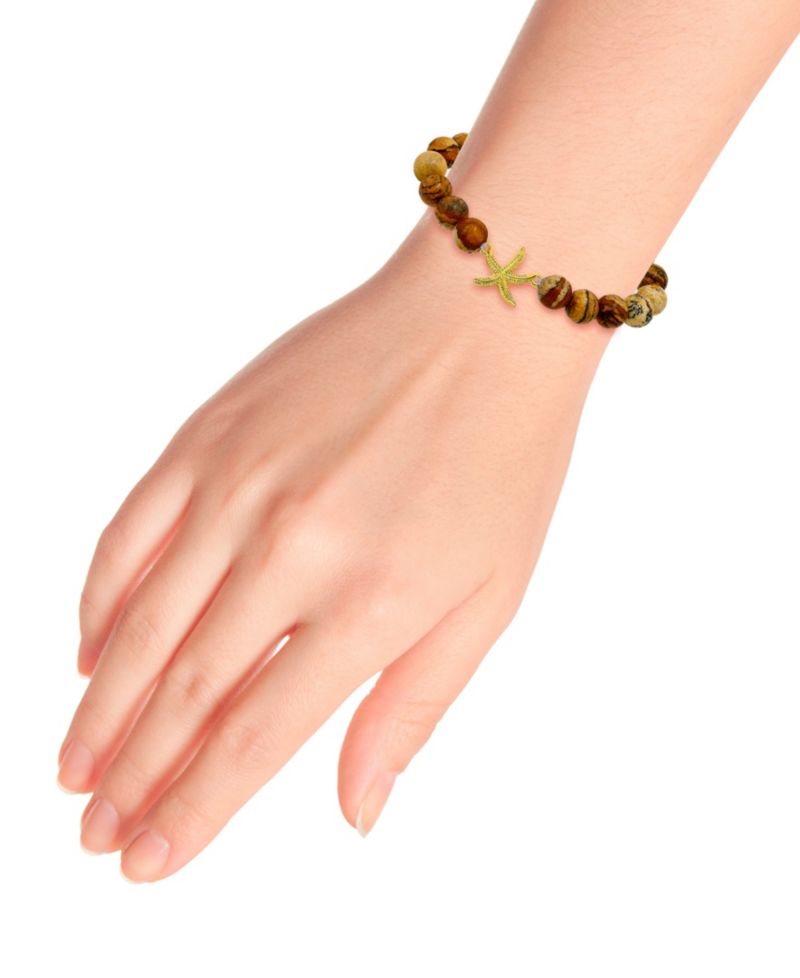 Picture Jasper Beads and Starfish Charm Gold Plated Stretch Bracelet