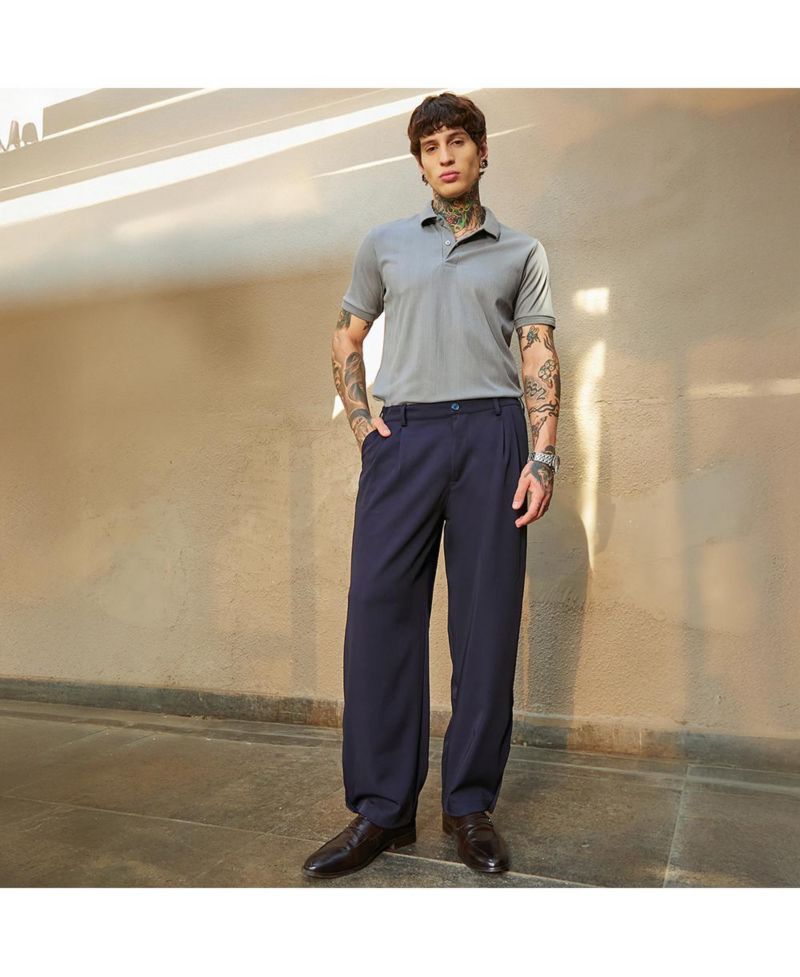 Men's Midnight Black Straight-Cuffed Pleated Trousers