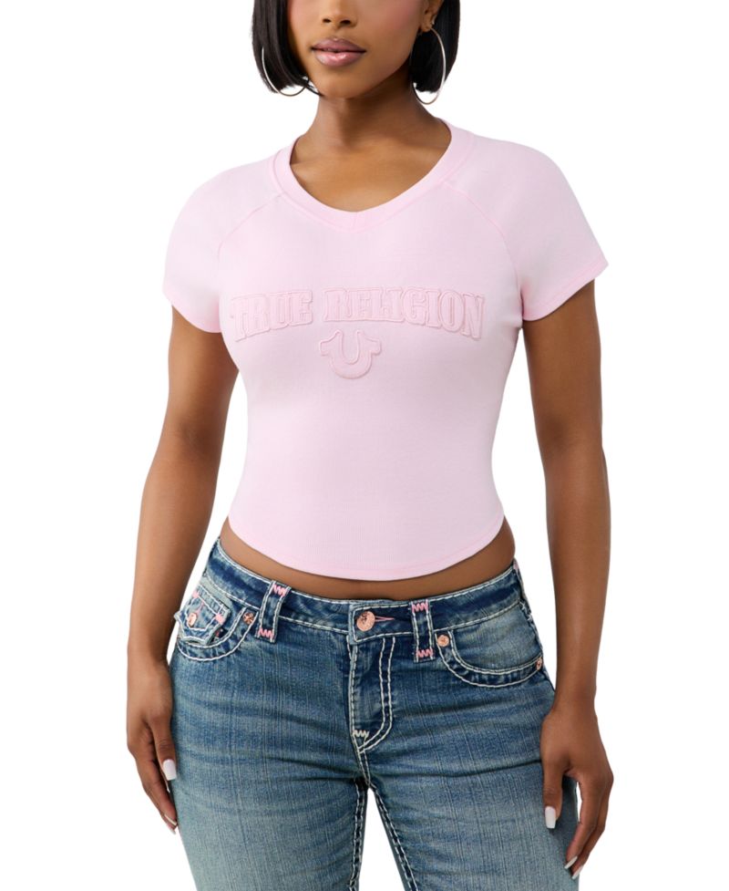 Women's Embroidered Washed Rib Baby Short-Sleeve V-Neck Crop T-Shirt
