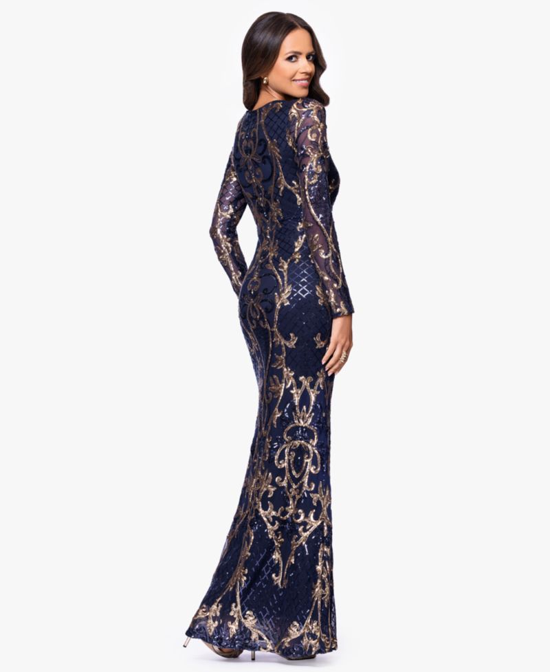 Betsy & Adam Plus Size Sequined Long-Sleeve Sheath Gown