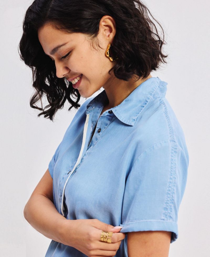 Women's Drawstring Denim Shirt Dress with Front Buttons in Blue