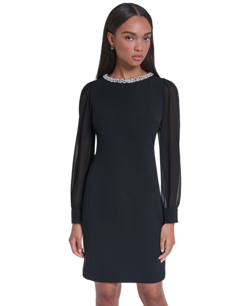 Women's Scuba Crepe Long-Sleeve Embellished Crewneck Sheath Dress