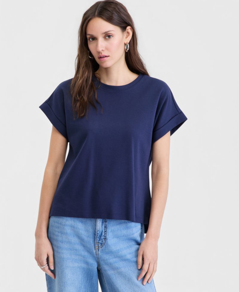 Women's Cotton Roll-Cuff Easy Crewneck Tee