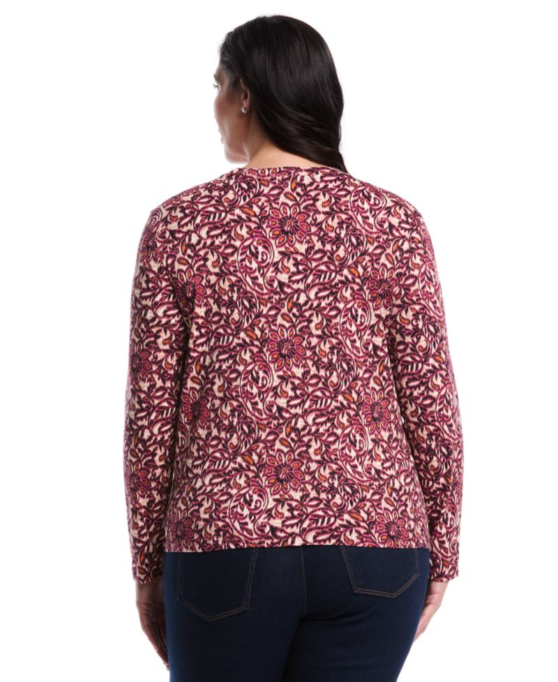 Plus Size Elegant Print Laced Crew Neck Long Sleeve Top