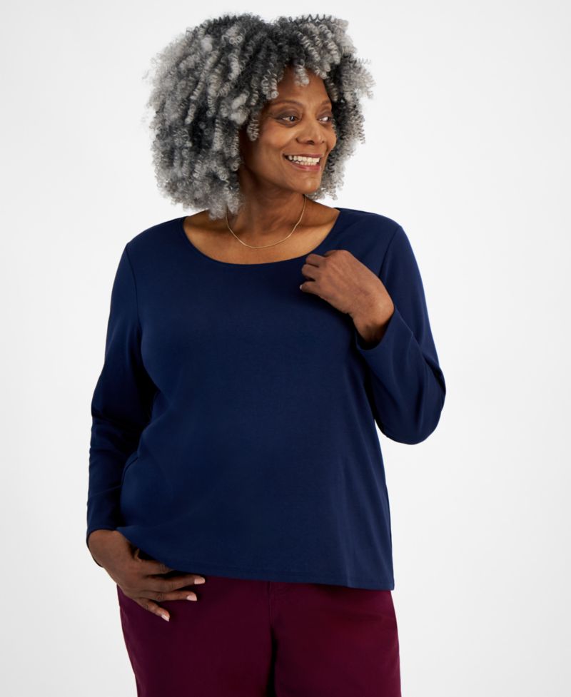 Petite Scoop-Neck Long-Sleeve Cotton Top