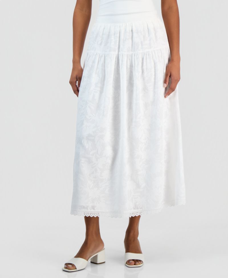 Women's Tonal-Print Tiered Lace-Trim Maxi Skirt