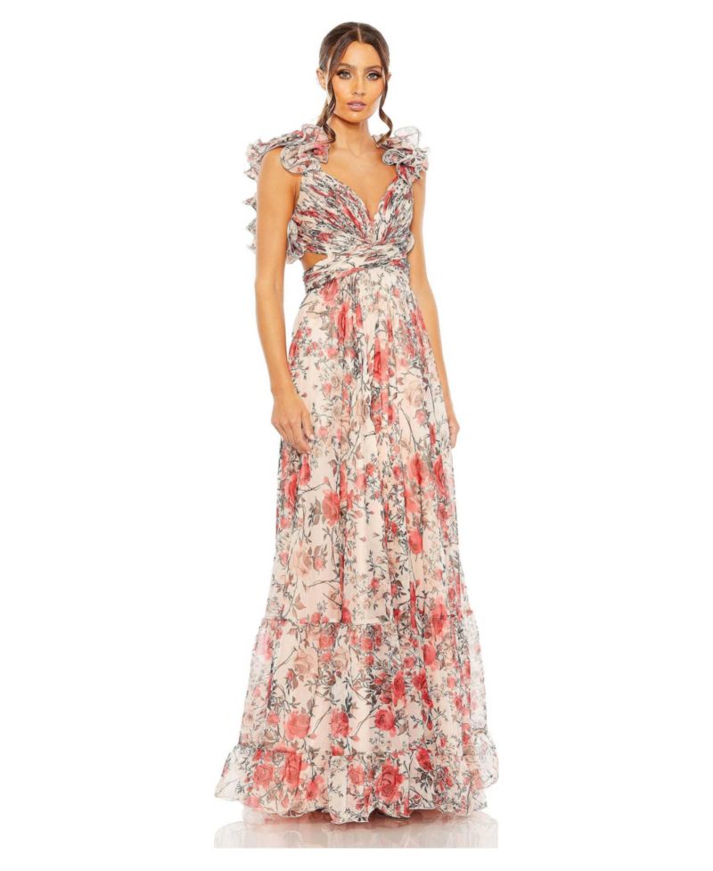 Women's Ruffle Tiered Floral Cut-Out Chiffon Gown