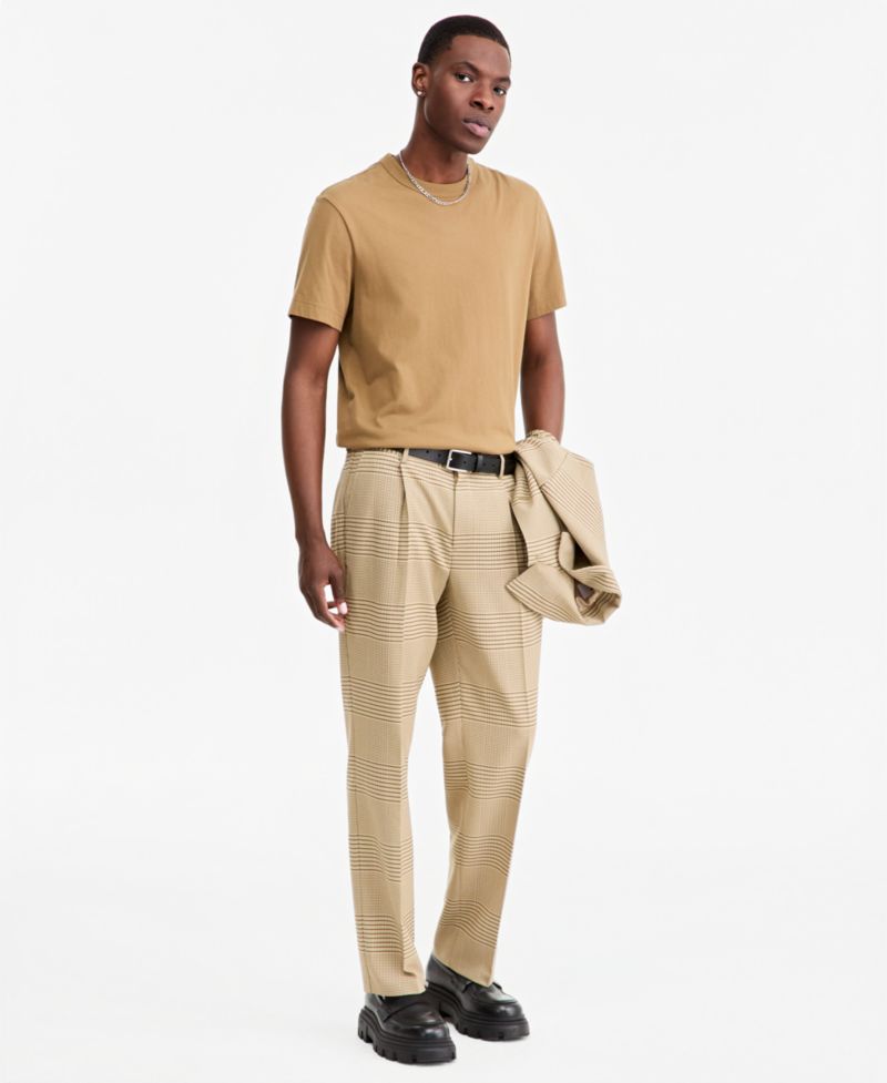Men's Glen Plaid Relaxed-Fit Straight-Leg Stretch Trousers