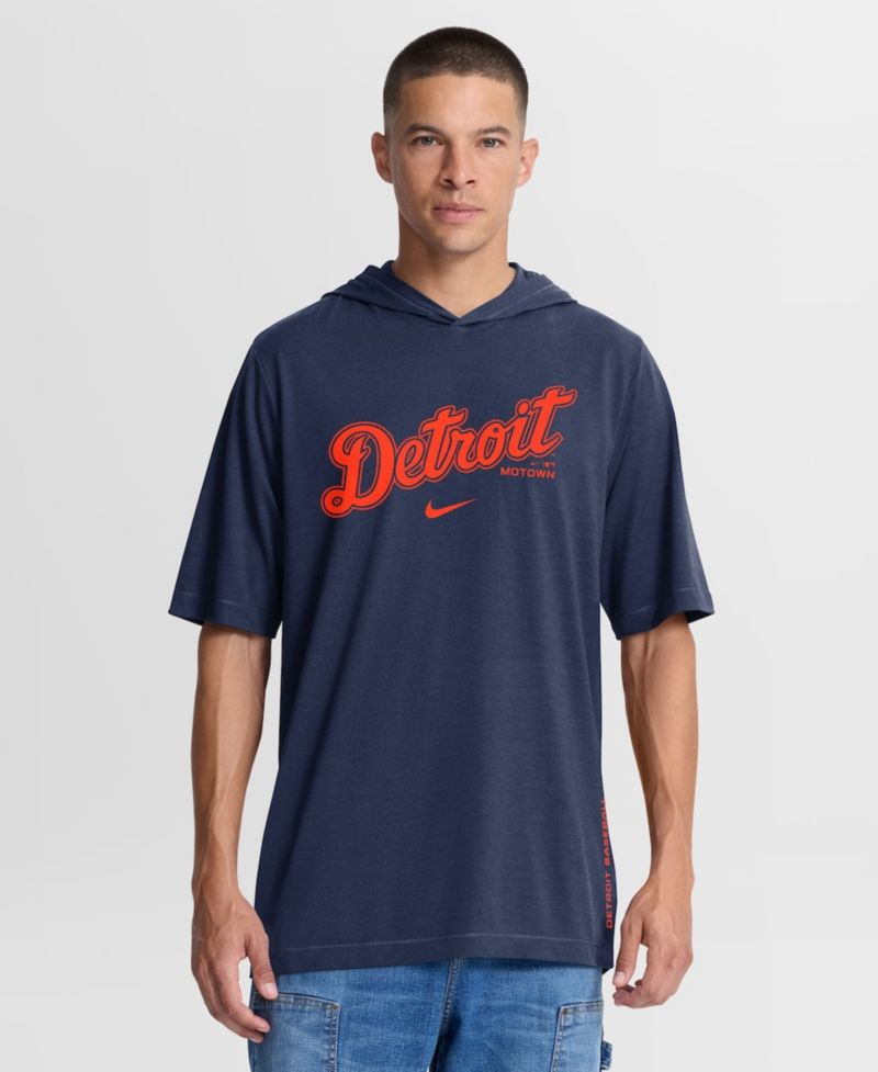 Men's Navy Detroit Tigers Arched Wordmark Tri-Blend Hooded T-Shirt