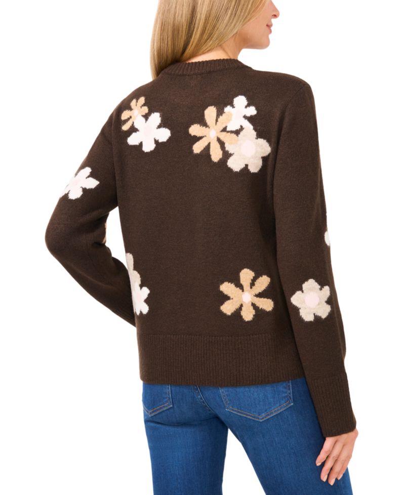 Women's Crewneck Flower Patterned Knit Long-Sleeve Sweater