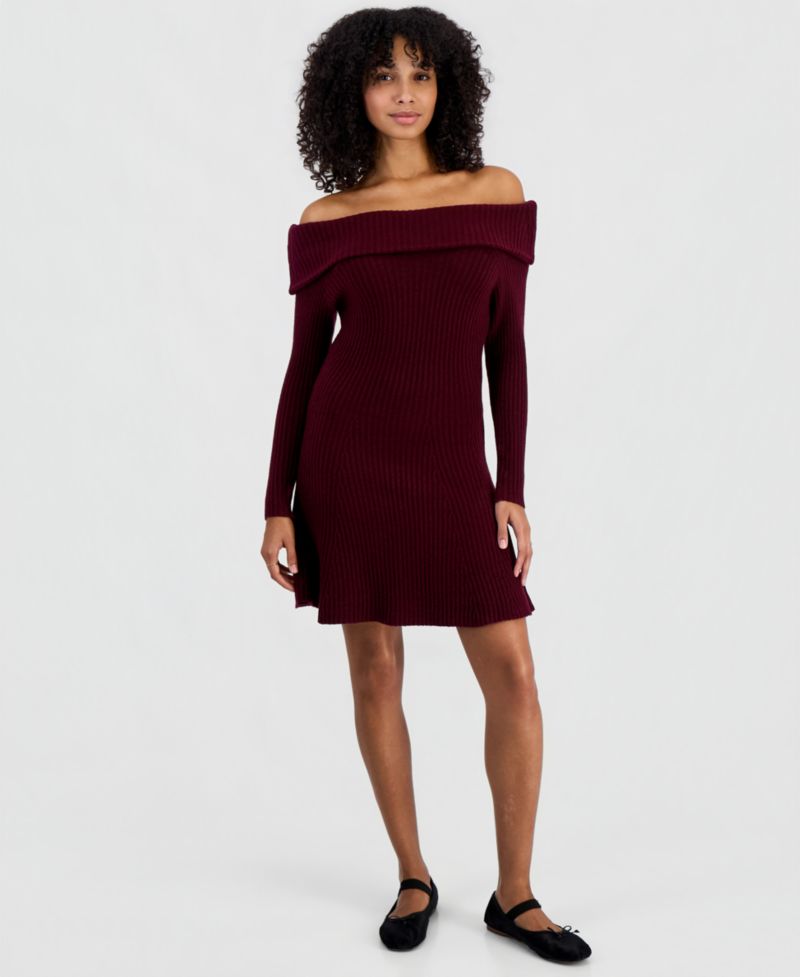 Juniors' Marilyn Off-Shoulder Ribbed-Knit Sweater Dress