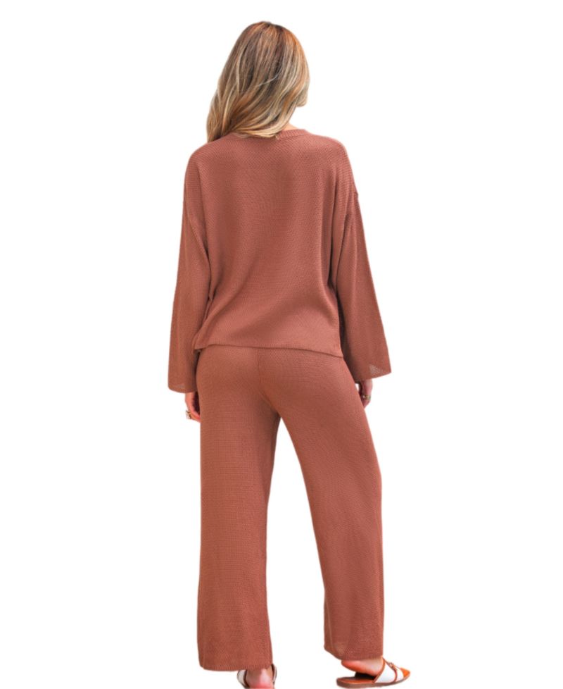 Women's Waffle-Knit Henley Top and Wide-Leg Pants Set