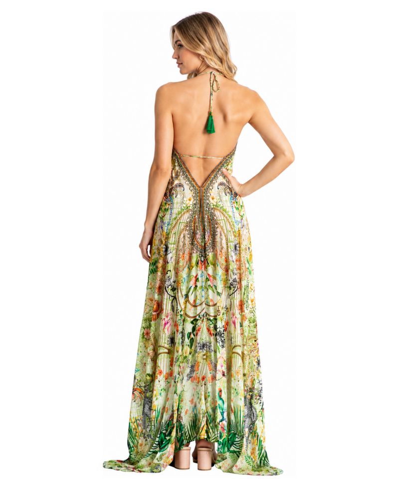 Women's Tropical Floral Halter-Plunge High-Low Maxi Dress