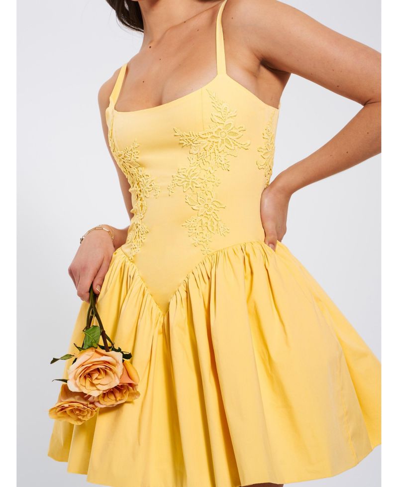 Women's Kadi Yellow Cotton Drop Waist Corset Mini Dress