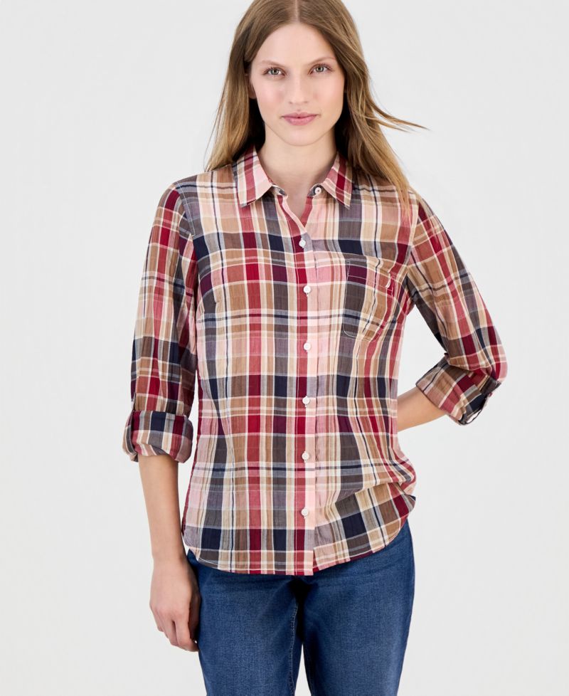 Women's Crinkle Plaid Roll-Tab Shirt