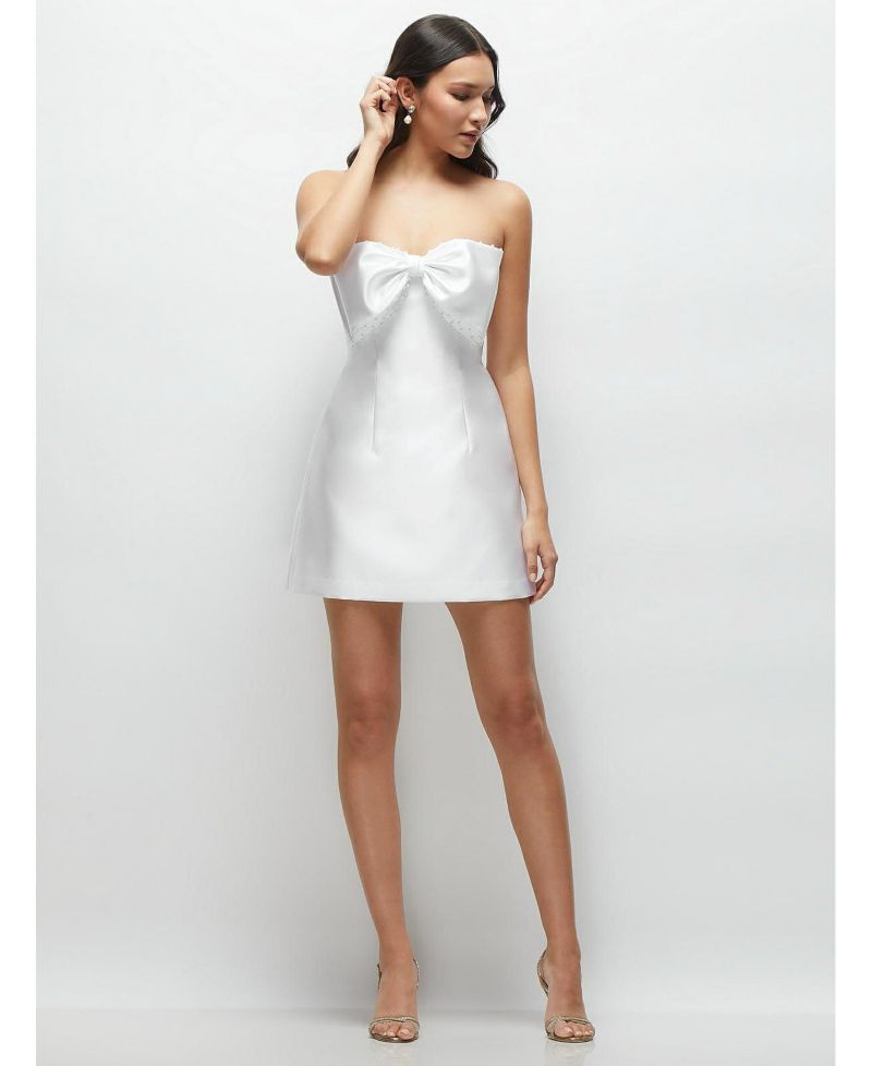 Women's Oversized Bow Strapless Little White Mini Dress with Pearl Accents