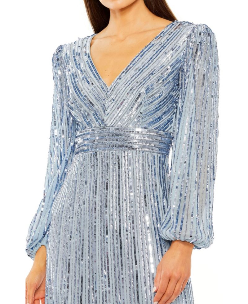 Women's Long Sleeve Deep V Tiered Ruffle Sequin Dress