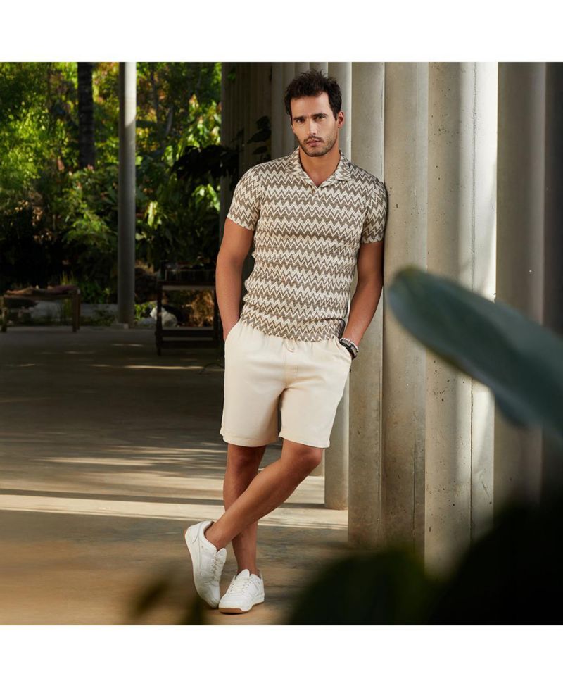 Men's French Beige and Off White Zig-Zag Knit Polo T-Shirt
