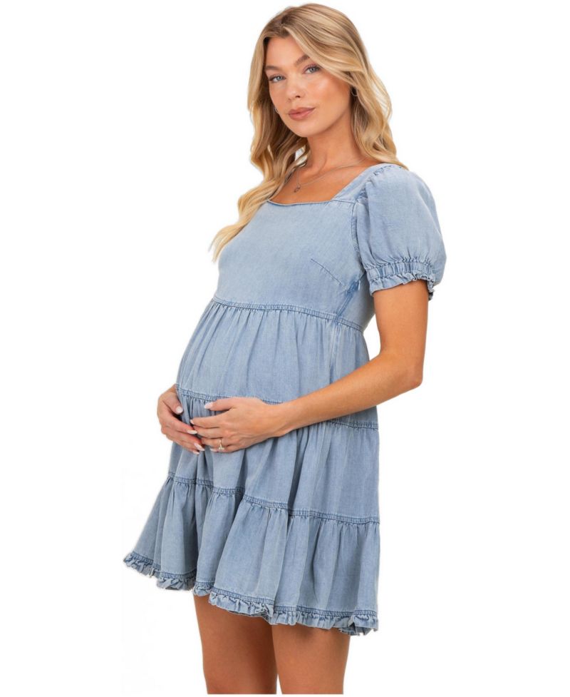Women's Denim Washed Chambray Tiered Babydoll Mini Dress