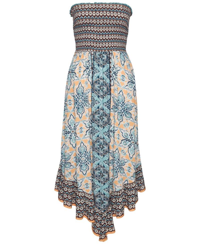 Women's Viscose Printed Smocked Bodice Strapless A-Line Midi Dress