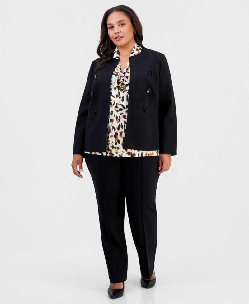 Plus Size Double-Breasted Collarless Blazer