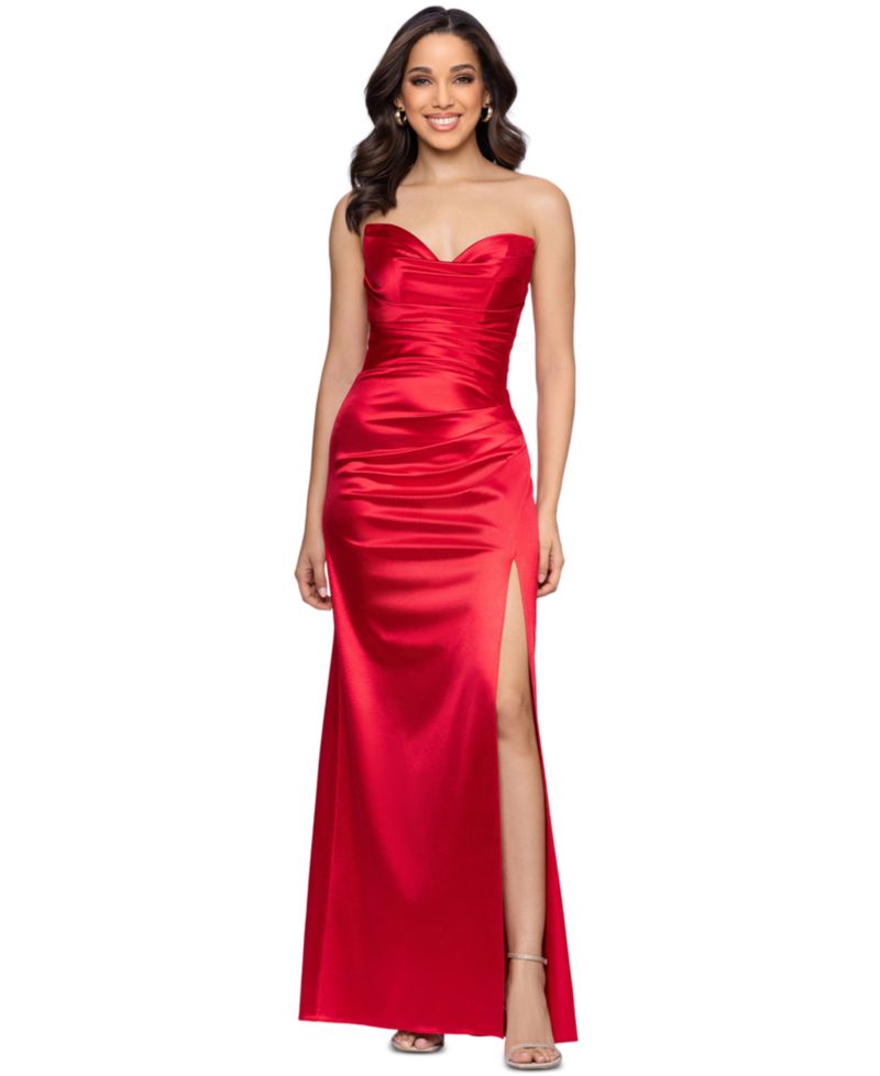 Juniors' Long Strapless Glam Satin Slim Gown