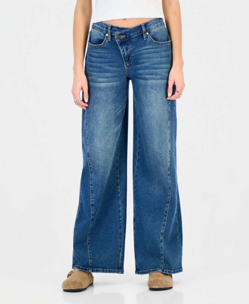 Juniors' Asym Elastic Back Waist High-Rise Wide-Leg Jeans