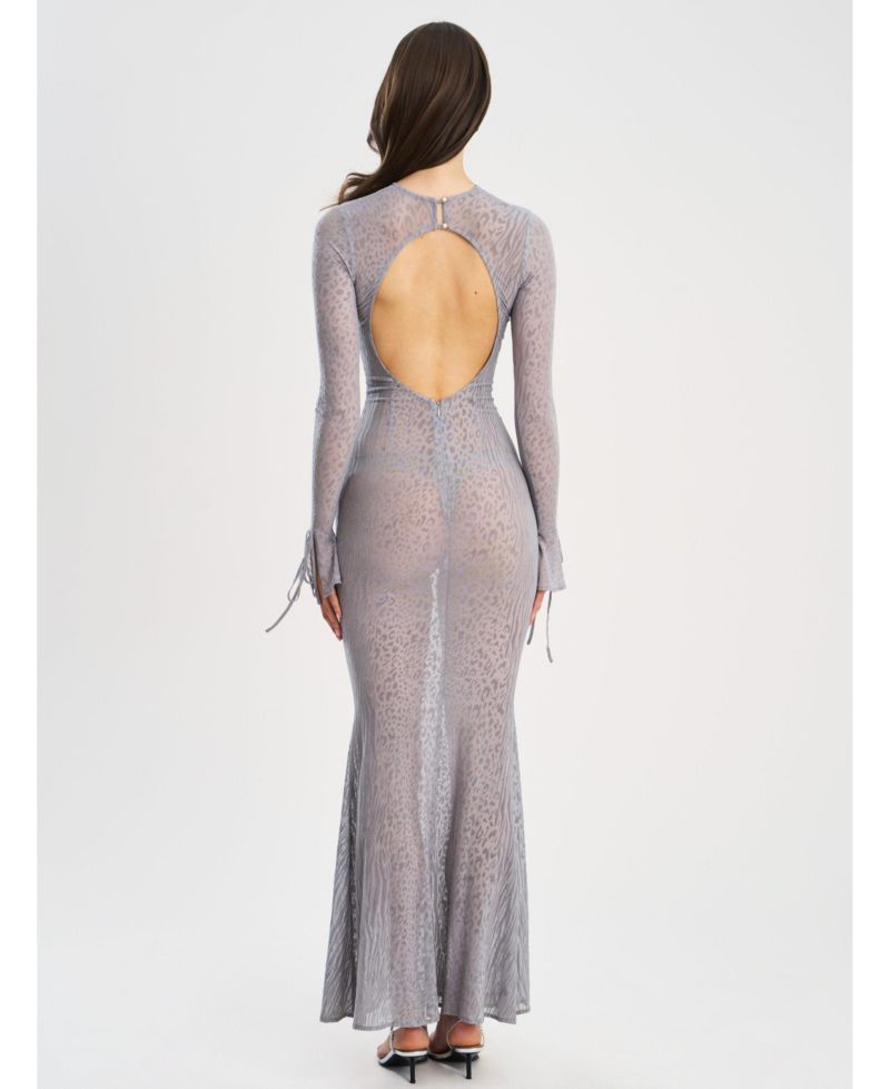 Women Waylynn Gray Animal Print Burnout Velvet Detail Mesh Backless Maxi Dress
