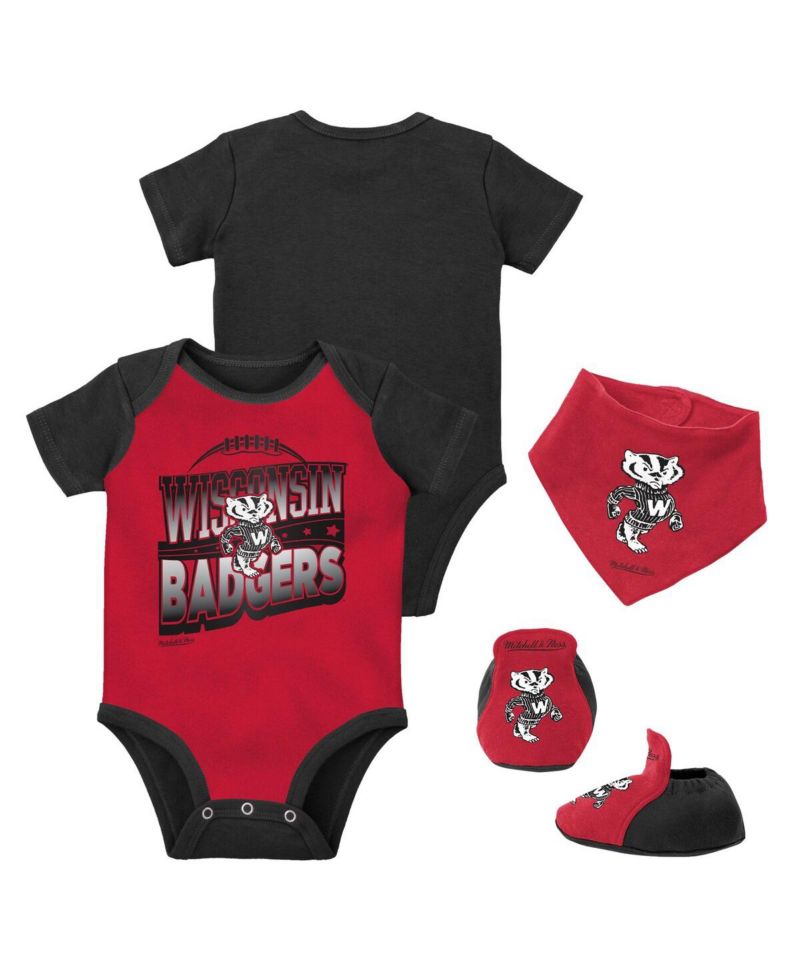 Baby Boys and Girls Black, Red Wisconsin Badgers 3-Pack Bodysuit, Bib and Bootie Set
