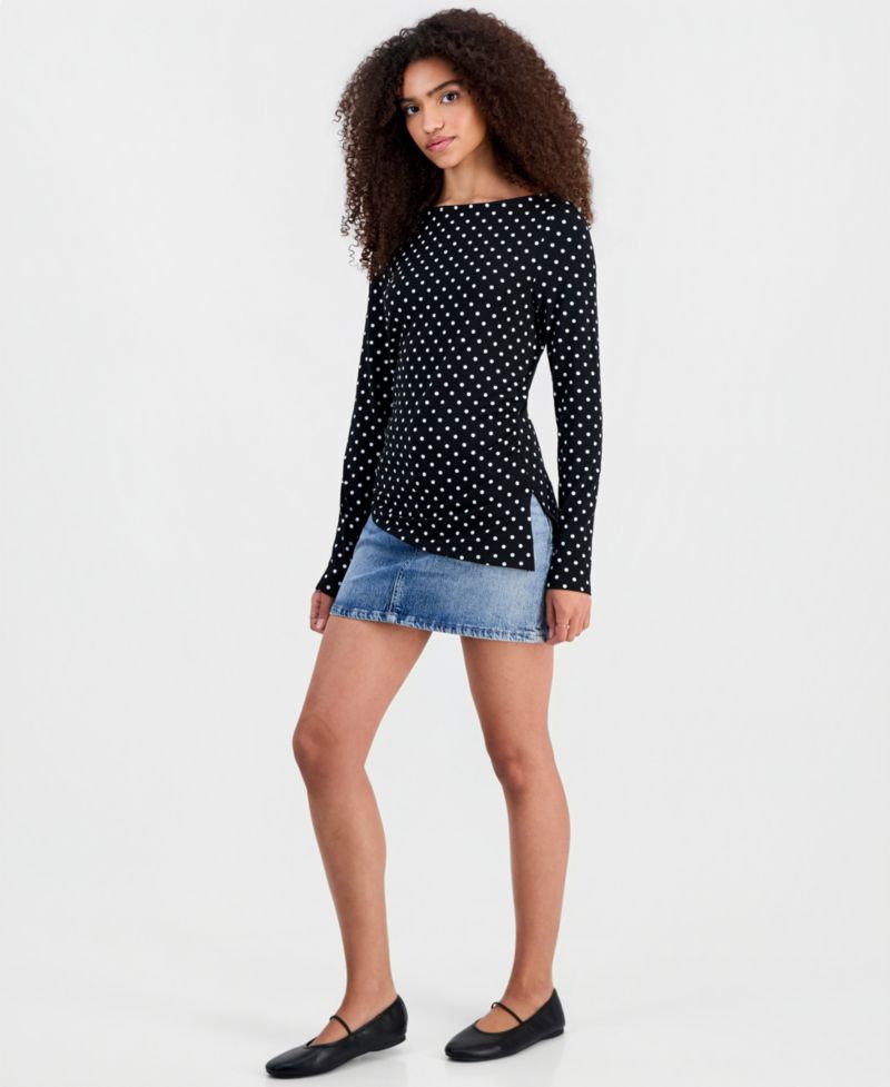 Juniors' Printed Boat Neck Long Sleeve Top