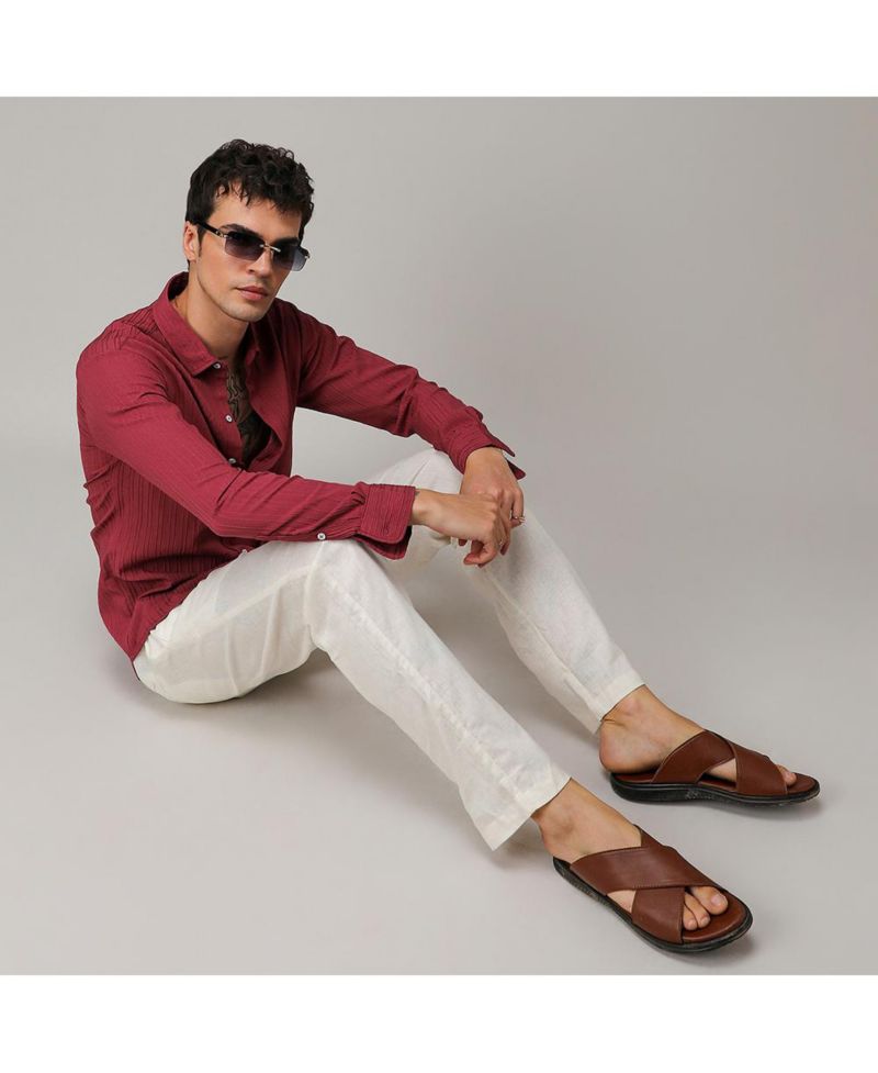Men's Blush Red Self-Design Striped Shirt