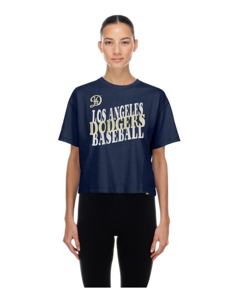 Women's Navy Los Angeles Dodgers City Connect Glitter Gel Cropped T-Shirt