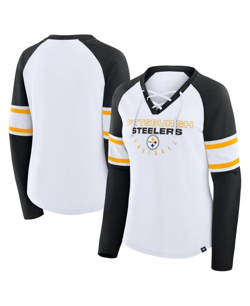 Women's White/Black Pittsburgh Steelers Redzone Blitz Package Raglan Lace-Up V-Neck Long Sleeve T-Shirt