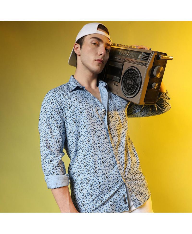 Men's Prussian Blue Micro Floral Shirt