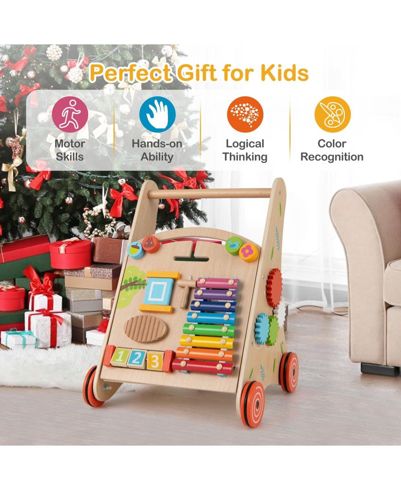 Wooden Baby Push and Pull Walker with Storage and Sturdy Handle-Light Brown
