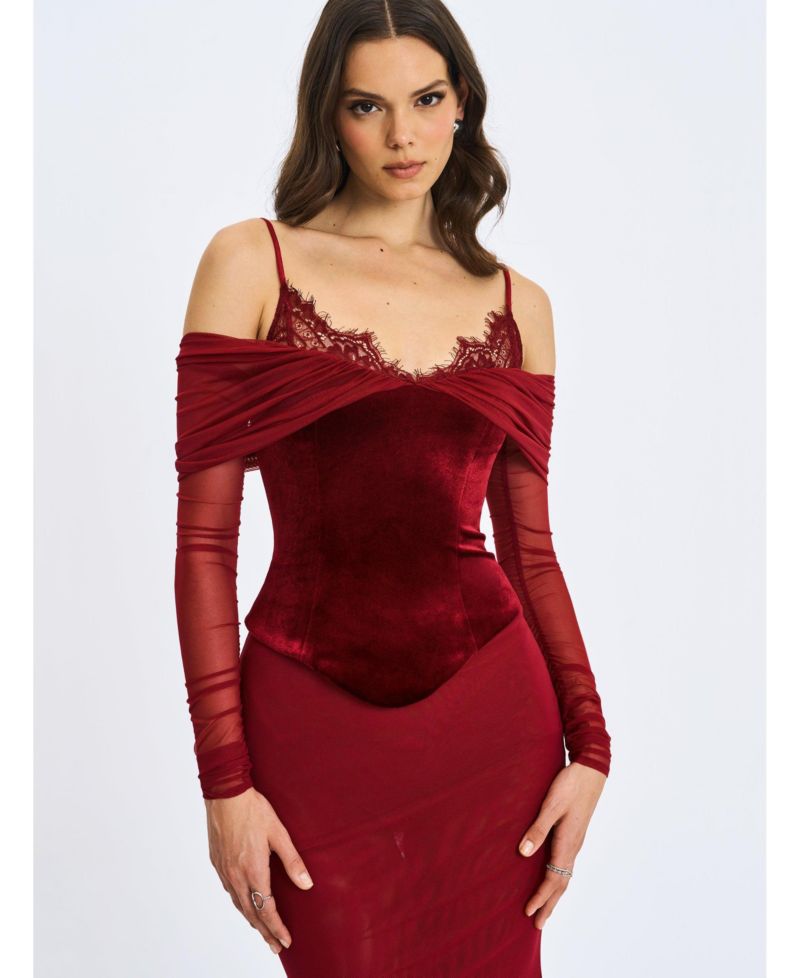 Women's Maybelle Magenta Bardot Lace Strap Peplum Maxi Dress