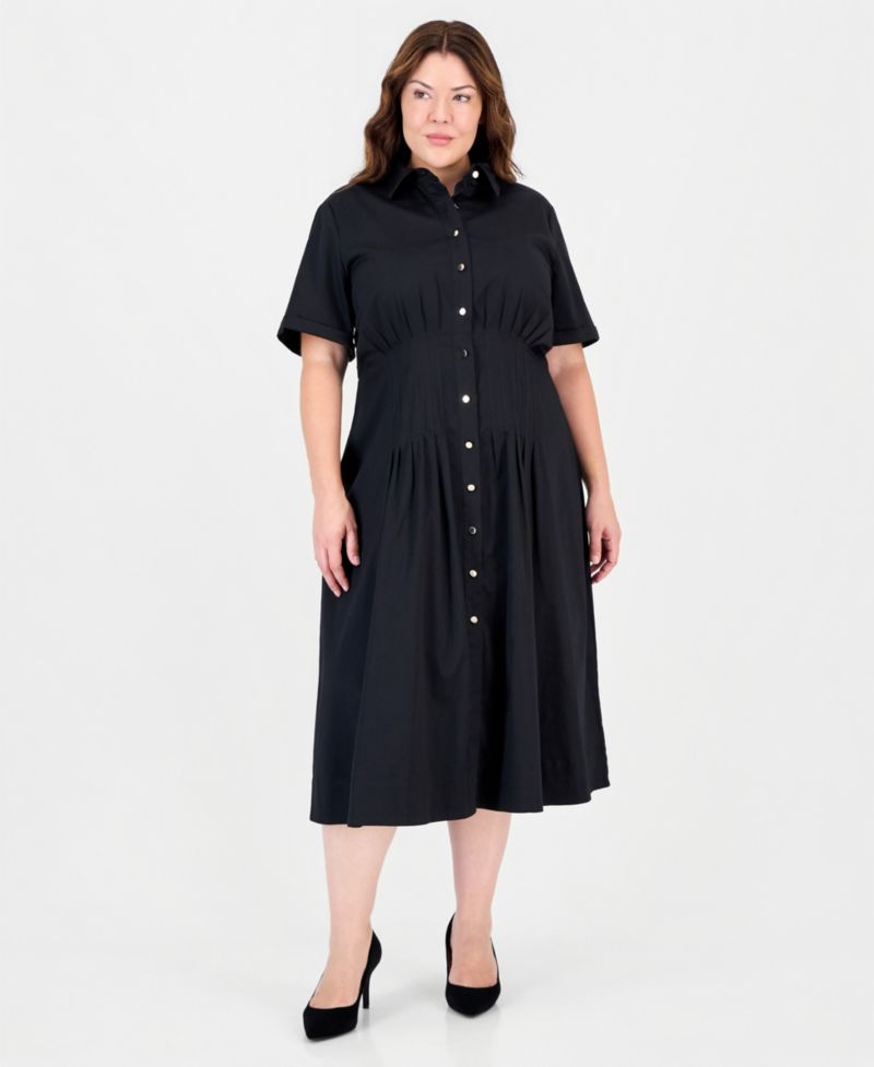 Plus Size Fit & Flare Pleated Waist Midi Shirt Dress