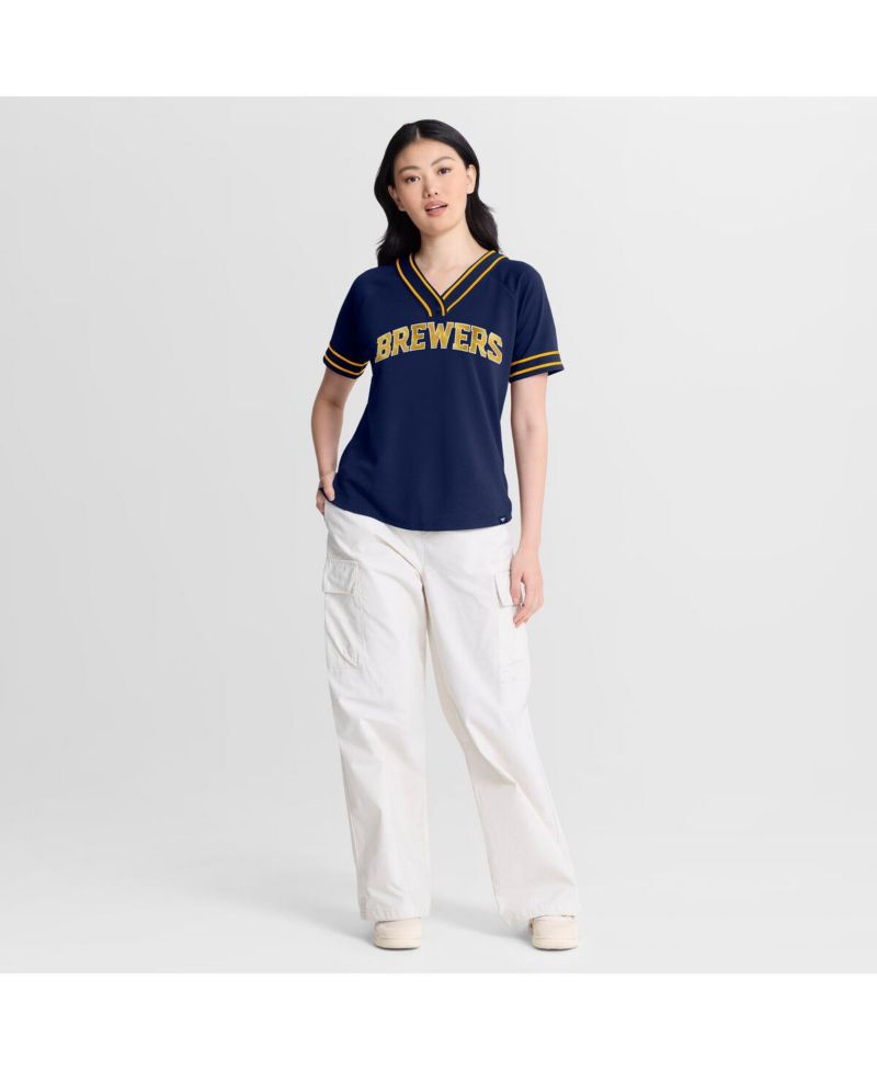 Women's Navy Milwaukee Brewers Diva Race Ahead Raglan V-Neck T-Shirt