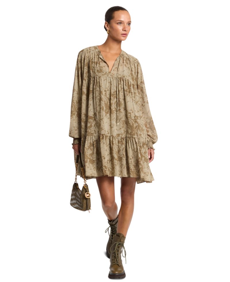 Women's Long-Sleeve Tiered Floral Mini Dress
