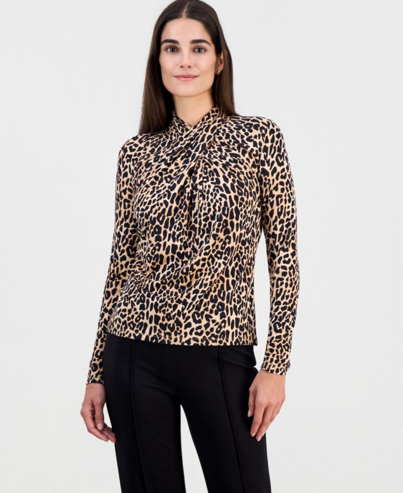 Women's Printed Draped-Neck Long-Sleeve Top