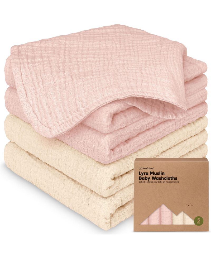 5-Pack Lyra Muslin Baby Washcloths, Large 12x12, Soft Absorbent Cotton Muslin Wash Cloths, Burp Rags, Face Cloth Towel