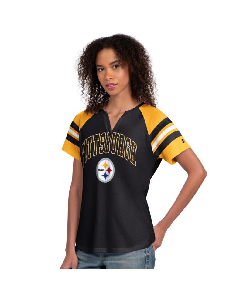 Women's Black Pittsburgh Steelers Game On Notch Neck Raglan T-Shirt